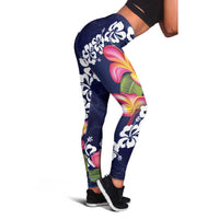 Blue Polynesia Leggings Plumeria With Hibiscus Pattern Tropical Vibes - Polynesian Pride