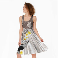 Brown and White Hawaii Shark Tattoo Midi Dress Puakenikeni Lei Plumeria Polynesian Pattern - Polynesian Pride