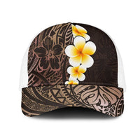 Brown Polynesia Mesh Trucker Cap Plumeria Tropical Leaves With Galaxy Polynesian Art - Polynesian Pride