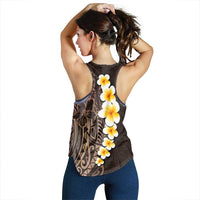 Brown Polynesia Women Racerback Tank Plumeria Tropical Leaves With Galaxy Polynesian Art - Polynesian Pride