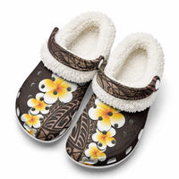 Brown Tropical Plumeria With Galaxy Polynesian Art Fleece Clogs