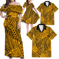 Gold Hawaii Family Matching Off Shoulder Maxi Dress And Hawaiian Shirt Tribal Art LT14 Dad's Shirt - 6XL - Polynesian Pride