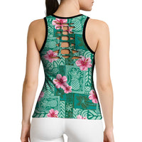 Cyan Hawaii Hibiscus Tropical Flowers Motifs Hollow Tank Top - Polynesian Pride