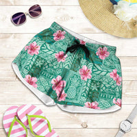 Cyan Hawaii Hibiscus With Tropical Flowers Motifs Shorts for Women - Polynesian Pride