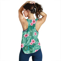 Cyan Hawaii Hibiscus With Tropical Flowers Motifs Women Racerback Tank - Polynesian Pride