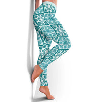 Cyan Palaka Quilt Hawaii Leggings Hawaiian Tropical Monstera Sea Turtle