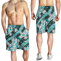Cyan Tahiti Tiare Monstera Shorts for Men Polynesian Pattern Curve Style - Polynesian Pride