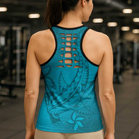 Dark Cyan Gradient Polynesia Hollow Tank Top Hawaiian Tribal Hammerhead Shark Tattoo - Polynesian Pride