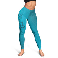 Dark Cyan Gradient Polynesia Leggings Hawaiian Tribal Hammerhead Shark Tattoo - Polynesian Pride