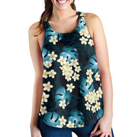 Dark Cyan Tropical Hawaii Women Racerback Tank Seamless Monstera Plumeria Hawaiian Pattern - Polynesian Pride