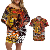 Father's Day Tonga Couples Matching Off Shoulder Short Dress and Hawaiian Shirt Special Dad Polynesia Paradise DT02 Orange - Polynesian Pride