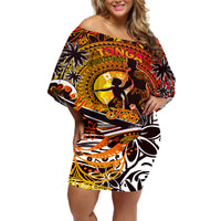 Father's Day Tonga Off Shoulder Short Dress Special Dad Polynesia Paradise DT02 Women Orange - Polynesian Pride