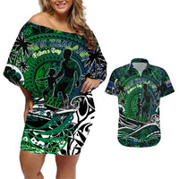 Father's Day New Zealand Couples Matching Off Shoulder Short Dress and Hawaiian Shirt Special Dad Polynesia Paradise DT02 Green - Polynesian Pride