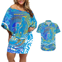 Father's Day Tuvalu Couples Matching Off Shoulder Short Dress and Hawaiian Shirt Special Dad Polynesia Paradise DT02 Blue - Polynesian Pride