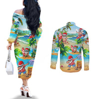 Guam Christmas Couples Matching Off The Shoulder Long Sleeve Dress and Long Sleeve Button Shirts Santa Claus Beach and Wave DT02 - Polynesian Pride