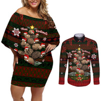 Meri Kirihimete New Zealand Couples Matching Off Shoulder Short Dress and Long Sleeve Button Shirts Christmas Kiwi Maori DT02 Red - Polynesian Pride