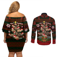 Meri Kirihimete New Zealand Couples Matching Off Shoulder Short Dress and Long Sleeve Button Shirts Christmas Kiwi Maori DT02 - Polynesian Pride