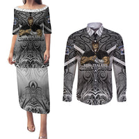New Zealand Couples Matching Puletasi Dress and Long Sleeve Button Shirt Rugby Aotearoa Champions DT02 Black - Polynesian Pride