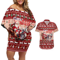 Dog Sled Christmas Couples Matching Off Shoulder Short Dress and Hawaiian Shirt Husky Sleigh Ride Design - Polynesian Pride