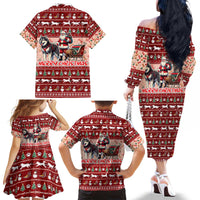 Dog Sled Christmas Family Matching Off The Shoulder Long Sleeve Dress and Hawaiian Shirt Husky Sleigh Ride Design - Polynesian Pride