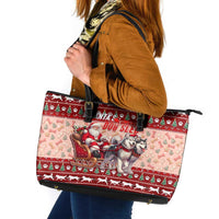Dog Sled Christmas Leather Tote Bag Husky Sleigh Ride Design - Polynesian Pride