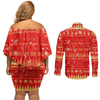 Merry Christmas Hawaii Couples Matching Off Shoulder Short Dress and Long Sleeve Button Shirt Xmas Travel Map - Polynesian Pride