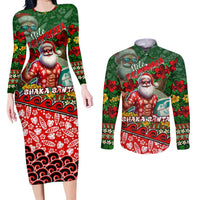Mele Kalikimaka Shaka Santa Couples Matching Long Sleeve Bodycon Dress and Long Sleeve Button Shirt Hawaiian Surf Christmas Design with Aloha Spirit - Polynesian Pride