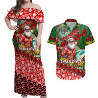 Mele Kalikimaka Shaka Santa Couples Matching Off Shoulder Maxi Dress and Hawaiian Shirt Hawaiian Surf Christmas Design with Aloha Spirit DT02 Green - Polynesian Pride