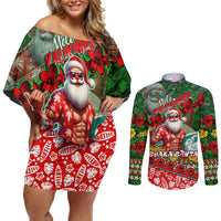 Mele Kalikimaka Shaka Santa Couples Matching Off Shoulder Short Dress and Long Sleeve Button Shirt Hawaiian Surf Christmas Design with Aloha Spirit DT02 Green - Polynesian Pride
