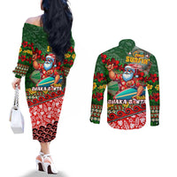 Mele Kalikimaka Shaka Santa Couples Matching Off The Shoulder Long Sleeve Dress and Long Sleeve Button Shirt Hawaiian Surf Christmas Design with Aloha Spirit - Polynesian Pride