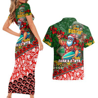 Mele Kalikimaka Shaka Santa Couples Matching Short Sleeve Bodycon Dress and Hawaiian Shirt Hawaiian Surf Christmas Design with Aloha Spirit - Polynesian Pride