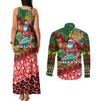 Mele Kalikimaka Shaka Santa Couples Matching Tank Maxi Dress and Long Sleeve Button Shirt Hawaiian Surf Christmas Design with Aloha Spirit - Polynesian Pride
