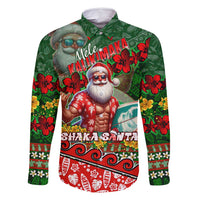 Mele Kalikimaka Shaka Santa Family Matching Long Sleeve Bodycon Dress and Hawaiian Shirt Hawaiian Surf Christmas Design with Aloha Spirit DT02 Dad's Shirt - Long Sleeve Green - Polynesian Pride