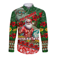 Mele Kalikimaka Shaka Santa Long Sleeve Button Shirt Hawaiian Surf Christmas Design with Aloha Spirit - Polynesian Pride
