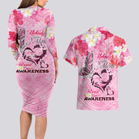Butterfly Polynesia Breast Cancer Couples Matching Long Sleeve Bodycon Dress and Hawaiian Shirt Nobody Fights Alone Pink Out Tropical Hibiscus