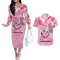 Butterfly Polynesia Breast Cancer Couples Matching Off The Shoulder Long Sleeve Dress and Hawaiian Shirt Nobody Fights Alone Pink Out Tropical Hibiscus