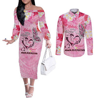Butterfly Polynesia Breast Cancer Couples Matching Off The Shoulder Long Sleeve Dress and Long Sleeve Button Shirt Nobody Fights Alone Pink Out Tropical Hibiscus DT02 Pink - Polynesian Pride