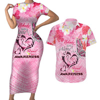 Butterfly Polynesia Breast Cancer Couples Matching Short Sleeve Bodycon Dress and Hawaiian Shirt Nobody Fights Alone Pink Out Tropical Hibiscus