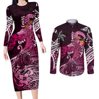 Breast Cancer Mermaid Polynesia Couples Matching Long Sleeve Bodycon Dress and Long Sleeve Button Shirt Faith Hope Love DT02 Pink - Polynesian Pride