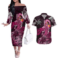 Breast Cancer Mermaid Polynesia Couples Matching Off The Shoulder Long Sleeve Dress and Hawaiian Shirt Faith Hope Love