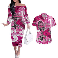 Breast Cancer Awareness Hawaii Couples Matching Off The Shoulder Long Sleeve Dress and Hawaiian Shirt Polynesia Girl Nobody Fights Alone