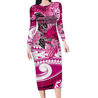 Breast Cancer Awareness Hawaii Family Matching Long Sleeve Bodycon Dress and Hawaiian Shirt Polynesia Girl Nobody Fights Alone