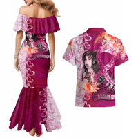 Breast Cancer New Zealand Couples Matching Mermaid Dress and Hawaiian Shirt Maori Aotearoa Girl Pink Out