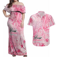 Breast Cancer Awareness Month Couples Matching Off Shoulder Maxi Dress and Hawaiian Shirt Butterfly Polynesia Watercolor Pink