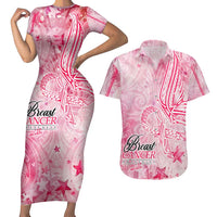 Breast Cancer Awareness Month Couples Matching Short Sleeve Bodycon Dress and Hawaiian Shirt Butterfly Polynesia Watercolor Pink