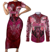 Breast Cancer Warrior Couples Matching Short Sleeve Bodycon Dress and Long Sleeve Button Shirt Angel Wings Polynesian Pattern