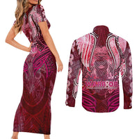 Breast Cancer Warrior Couples Matching Short Sleeve Bodycon Dress and Long Sleeve Button Shirt Angel Wings Polynesian Pattern