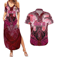 Breast Cancer Warrior Couples Matching Summer Maxi Dress and Hawaiian Shirt Angel Wings Polynesian Pattern