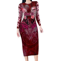 Breast Cancer Warrior Long Sleeve Bodycon Dress Angel Wings Polynesian Pattern