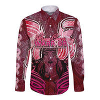 Breast Cancer Warrior Long Sleeve Button Shirt Angel Wings Polynesian Pattern